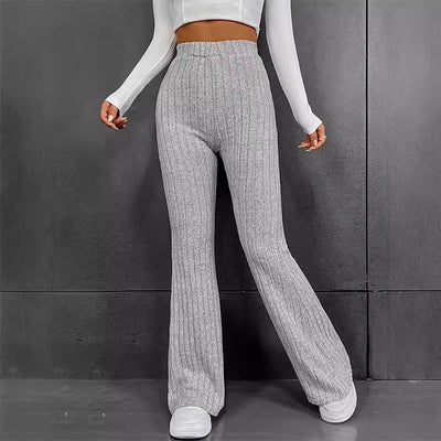High-Waisted Flared Knit Pants with Ribbed Texture for Women