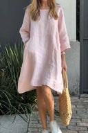 Chic Women's Linen Dress with Asymmetrical Hem and Pockets