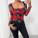 Floral Print Women's Long Sleeve Blouse with Sheer Sleeves