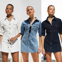 Chic Women's Denim Dress with Short Sleeves and Handy Pockets