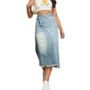 Chic Denim Skirt with Side Slit & Frayed Hem