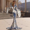 Stunning Sequin Evening Dress with V-Neck and Long Sleeves