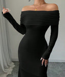 Chic Off-Shoulder Maxi Dress with Draped Sleeves