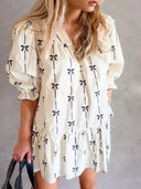 Flowy Ruffled Dress with Bow Print for Women