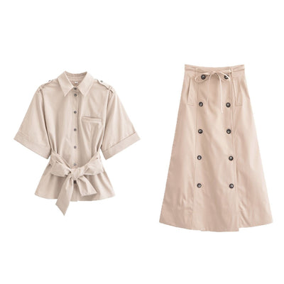 Chic Women's Short Sleeve Blouse with Adjustable Belt and Pocket
