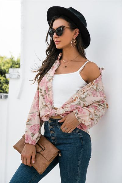 Floral Print Women's Long Sleeve Blouse with Stand-Up Collar