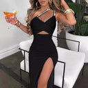 Chic Women's Cut-Out Evening Dress with Strappy Detail and High Slit