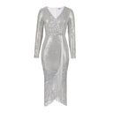Chic Women's Evening Dress with Sequin Trim and Fringe Detail