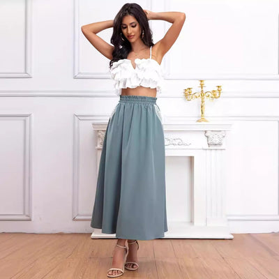 Chic Midi Skirt with Gathered Waist and Bow Accents