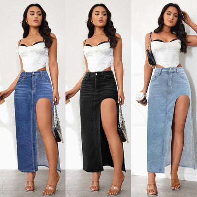 Chic Women's High Slit Denim Skirt