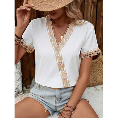Chic V-Neck Blouse with Lace Trim