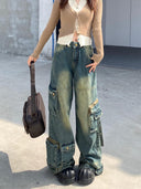 Chic Women's Oversized Cargo Jeans with Trendy Pockets