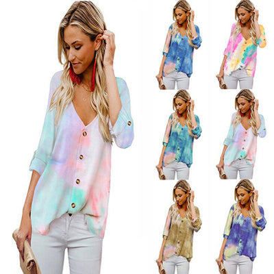 Colorful Gradient Women's Blouse with Stylish Roll-Up Sleeves