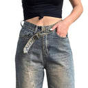 Chic Women's Baggy Jeans with Trendy Ripped Design and Stylish Belt