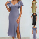 Chic V-Neck Midi Dress with Ruffle Accents