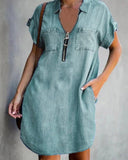 Chic Chambray Dress with Zipper and Handy Pockets