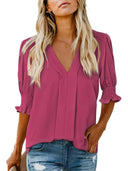 Chic V-Neck Blouse with Ruffled Sleeves and Pleats