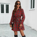 Checked Pattern Women's Shirt Dress with Adjustable Belt