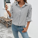 Chic Women's Striped Blouse with Modern Collar & Stylish Sleeve Cuffs