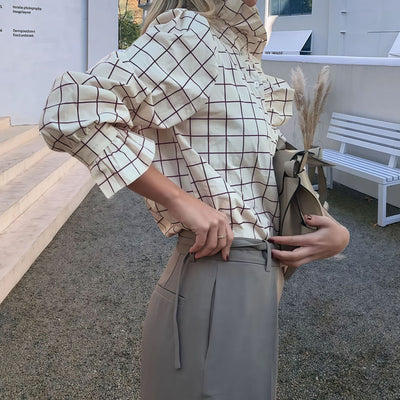 Chic Checkered Blouse with Ruffle Accents