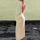 Chic Women's Midi Dress with Deep Back Cut and Striped Design
