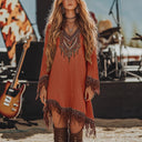 Artistic Embroidered Women's Festival Dress with Fringe