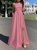 Chic Evening Gown with Stylish Leg Slit and Delicate Straps