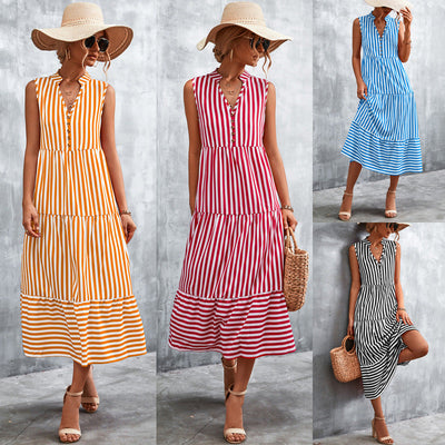 Striped Women's Maxi Dress with Full Button Design