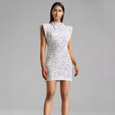 Sequin Mini Dress with Stand Collar and Shoulder Pads