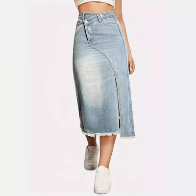 Stylish Asymmetrical Denim Skirt with Chic High Slits