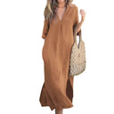Chic V-Neck Midi Dress with Side Pockets