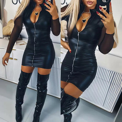 Women’s Chic Dress with Sheer Sleeves and Zipper Detail