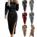 Chic Long Sleeve Midi Dress with Slit and Ruffles