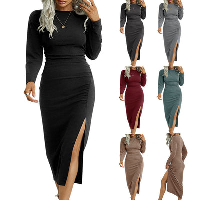 Chic Long Sleeve Midi Dress with Slit and Ruffles