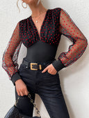 Chic Polka Dot Bodysuit with Sheer Sleeves for Women