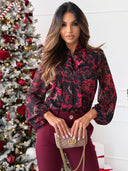 Chic Bow Collar Floral Blouse for Women
