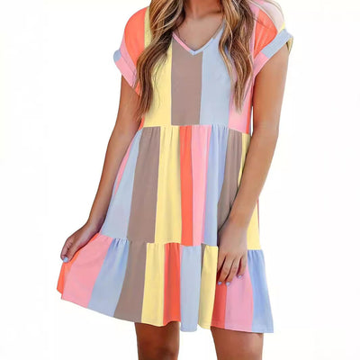 Modern Striped V-Neck Ruffle Dress for Women