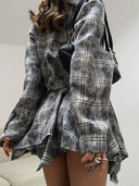 Chic Checkered Shirt Dress with Asymmetrical Design and Collar