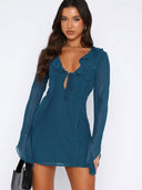 Ruffled Women's Dress with Deep V-Neck Design