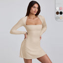 Chic Women's Long-Sleeve Mini Dress with Ribbed Texture and Stylish Neckline