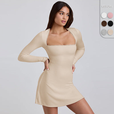 Chic Women's Long-Sleeve Mini Dress with Ribbed Texture and Stylish Neckline