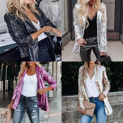 Stylish Sequin-Trimmed Blazer Jacket for Women