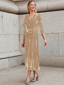 Chic Puff Sleeve Wrap Dress with Gold Accents