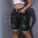 Women's Distressed Denim Shorts with Green Detail