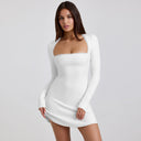 Chic Women's Long-Sleeve Mini Dress with Ribbed Texture and Stylish Neckline