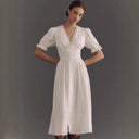 Stylish Midi Dress with Puff Sleeves and Button Placket