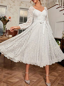 Ladies Lace Midi Dress with Puff Sleeves and Waist Tie