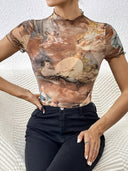 Artistic Print Women's Turtleneck Bodysuit
