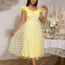 Women's Floral Lace Midi Dress with Tulle Sleeves