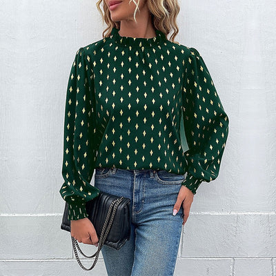 Chic Women's Blouse with Stylish Pattern and Stand-Up Collar